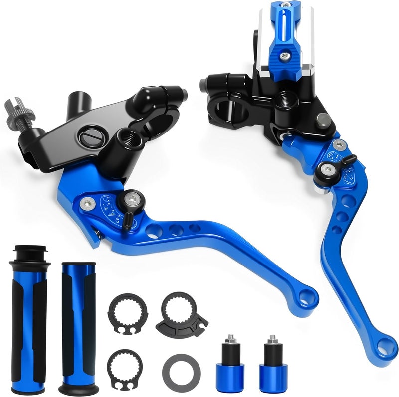 VUOZIP 7/8" 22mm Motorcycle Brake Lever Handlebar Master Cylinder Clutch Levers Left & Right Set + Hand Grips + Handlebar Ends Set for Harley Honda Kawasaki Suzuki Yamaha (Blue) - Image 1
